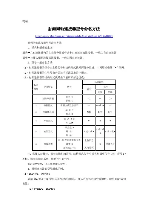 射频同轴连接器型号命名方法