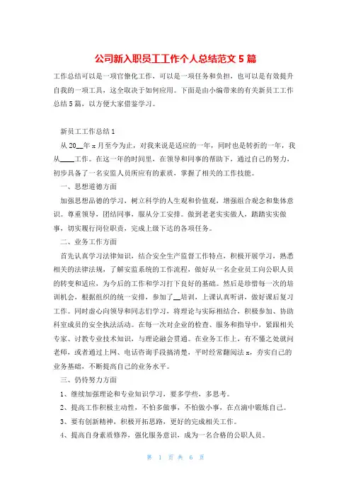 公司新入职员工工作个人总结范文5篇