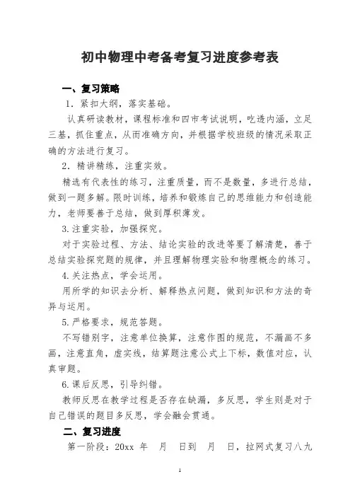初中物理中考备考复习进度参考表