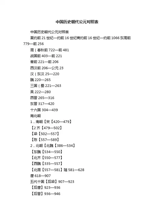 中国历史朝代公元对照表