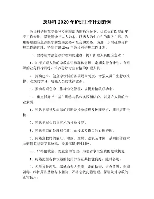 急诊科2020年护理工作计划范例