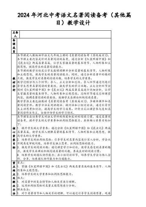 2024年河北中考语文名著阅读备考(其他篇目)教学设计