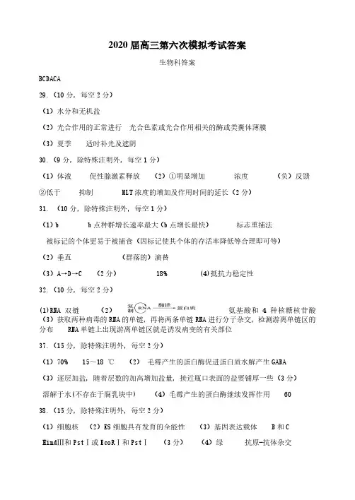辽宁省沈阳市东北育才学校高中部2020届高三第六次模拟考试理科综合答案
