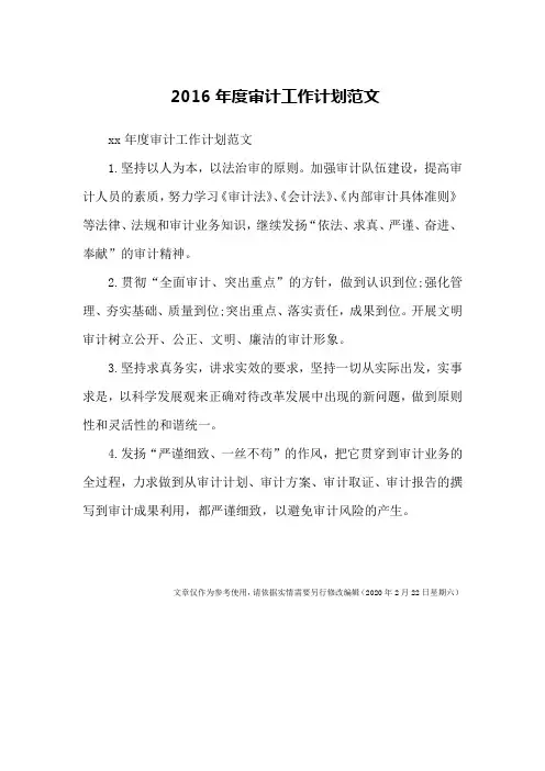 2016年度审计工作计划范文