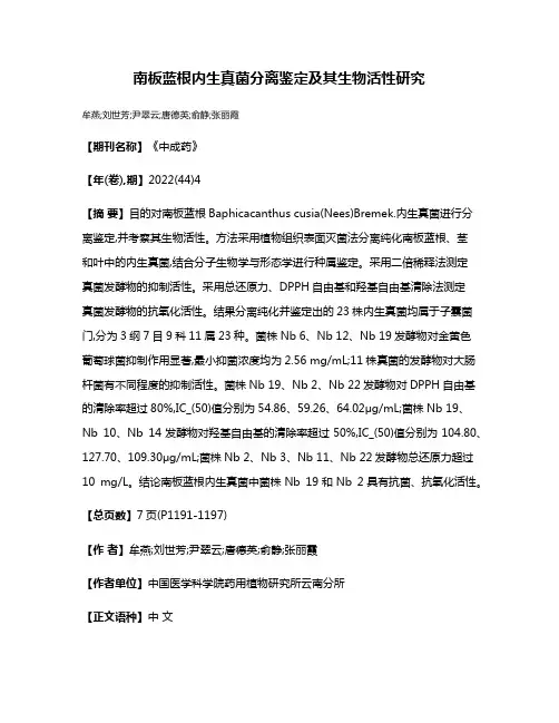南板蓝根内生真菌分离鉴定及其生物活性研究