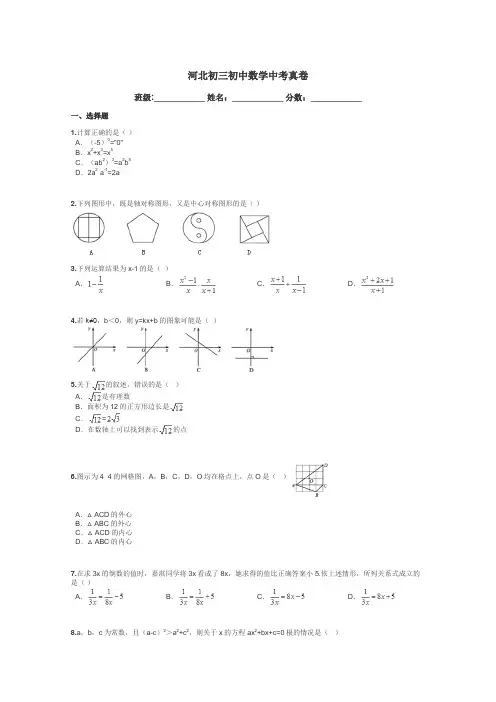 河北初三初中数学中考真卷带答案解析
