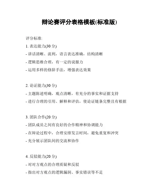辩论赛评分表格模板(标准版)