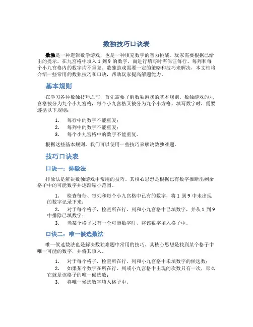 数独技巧口诀表