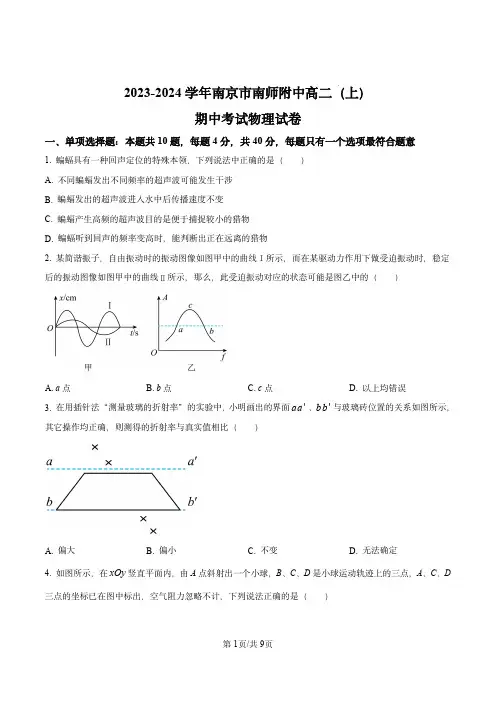 南京市南师附中2023-2024学年高二上学期期中考试物理试卷