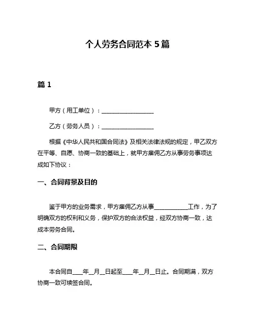 个人劳务合同范本5篇