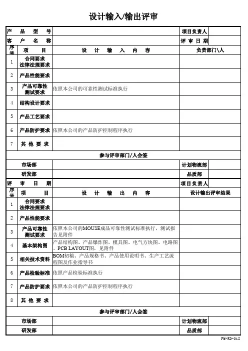 设计输入-输出评审表