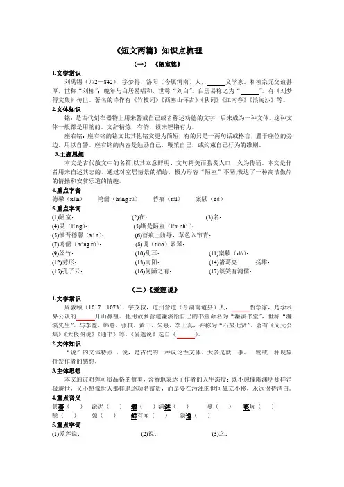 (教师版)《陋室铭》《爱莲说》知识点梳理