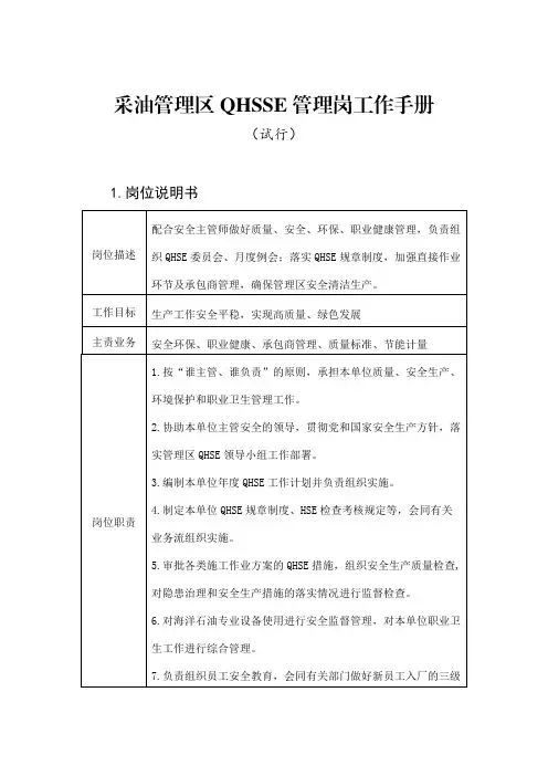 6海洋采油-岗位--QHSSE管理岗工作手册