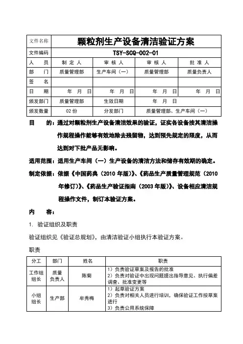 清洁验证方案