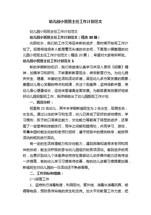 幼儿园小班班主任工作计划范文（精选20篇）