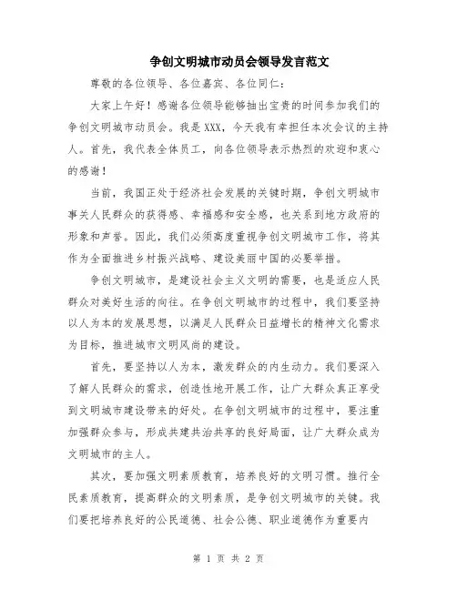 争创文明城市动员会领导发言范文