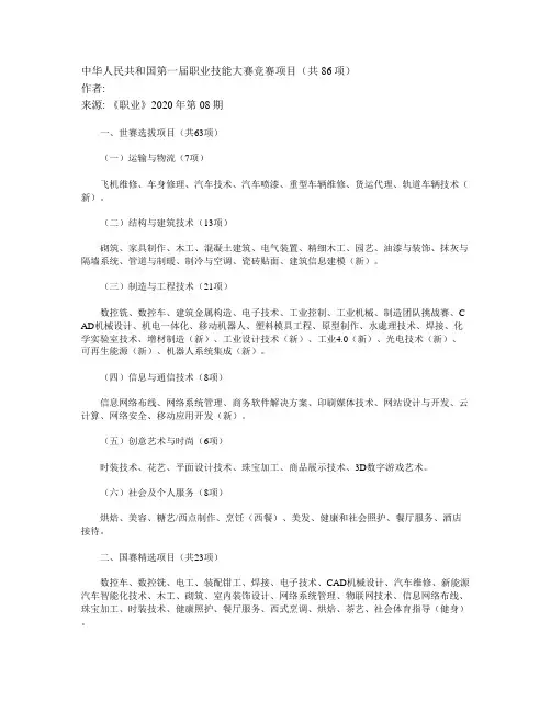 中华人民共和国第一届职业技能大赛竞赛项目(共86项)