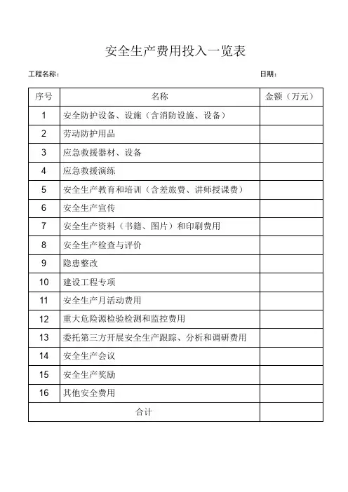 安全生产费用投入一览表