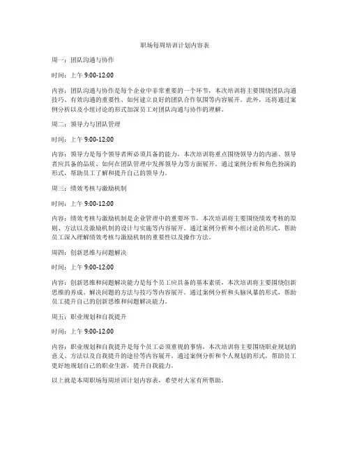 职场每周培训计划内容表