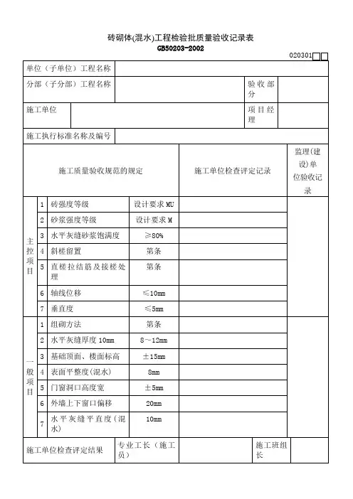 建筑检验批质量验收记录表汇总