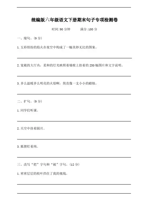 统编版六年级语文下册期末句子专项检测卷