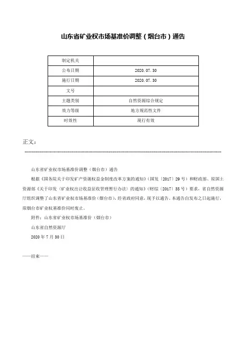 山东省矿业权市场基准价调整（烟台市）通告-