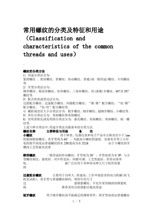常用螺纹的分类及特征和用途