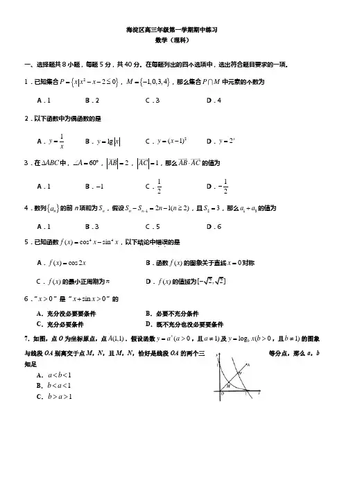 2021—2016学年海淀区高三年级第一学期期中考试【数学(理)】试卷及答案