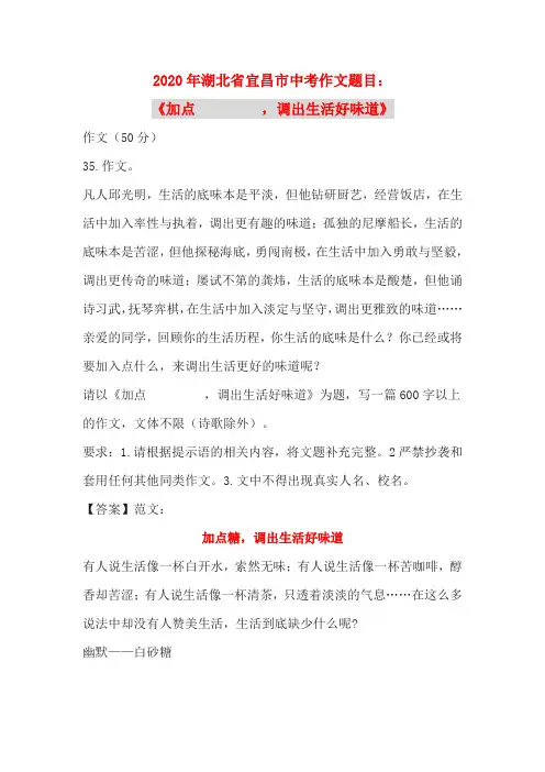 2020年湖北省宜昌市中考作文题目：《加点---,调出生活好味道》(含范文及点评)