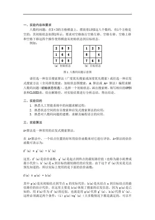 八数码问题C语言A星算法详细实验报告含代码
