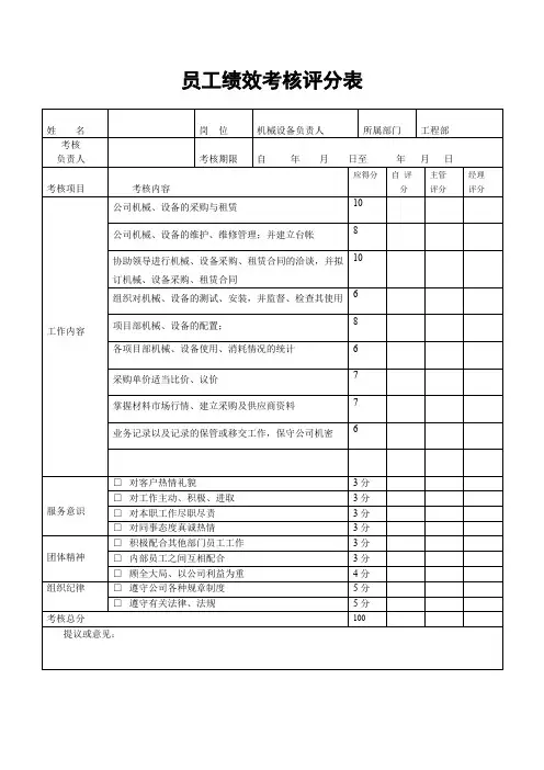 建筑公司机械设备负责人绩效考核评分表3