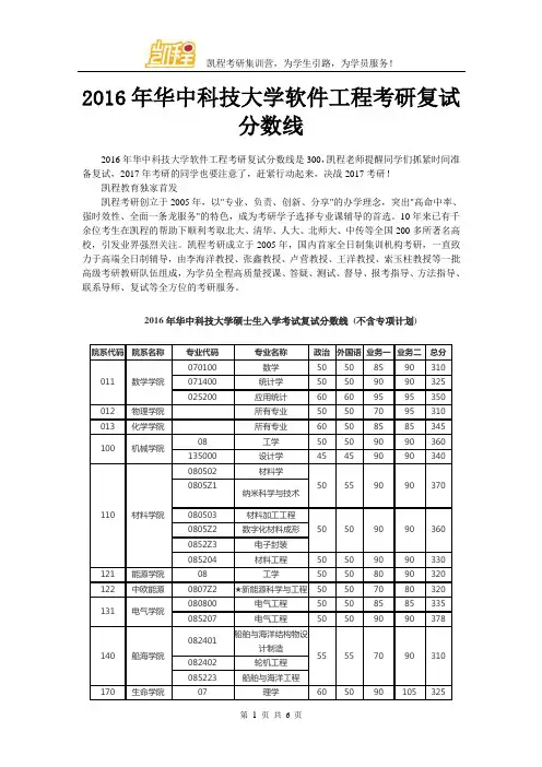 2016年华中科技大学软件工程考研复试分数线