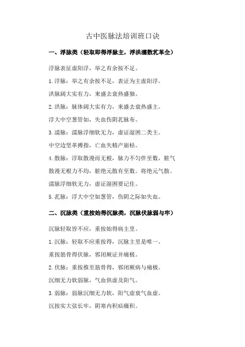 古中医脉法培训班口诀