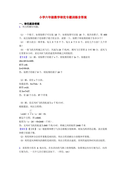 小学六年级数学培优专题训练含答案