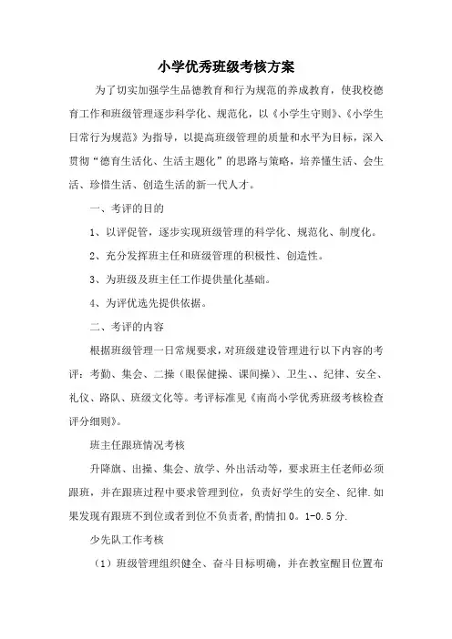 小学优秀班级考核方案、量化考核评分细则、班级考核表