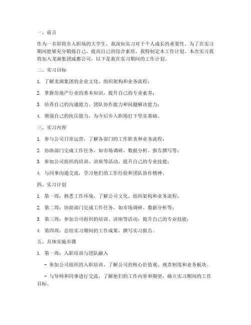 龙湖实习报告工作计划