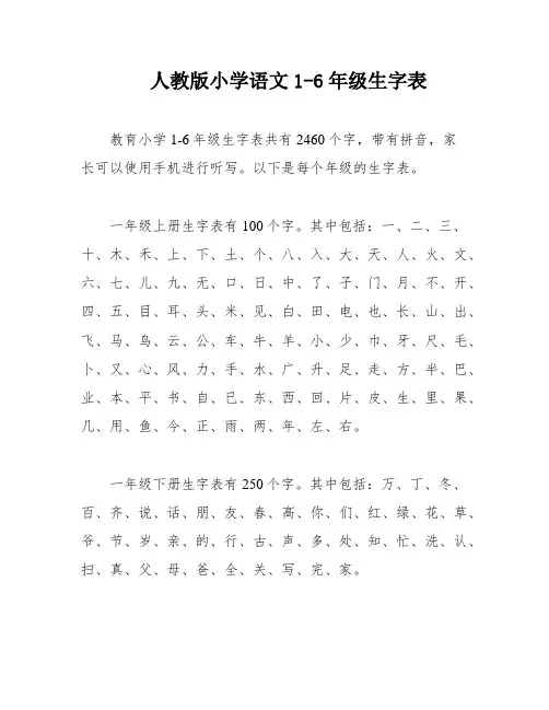 人教版小学语文1-6年级生字表