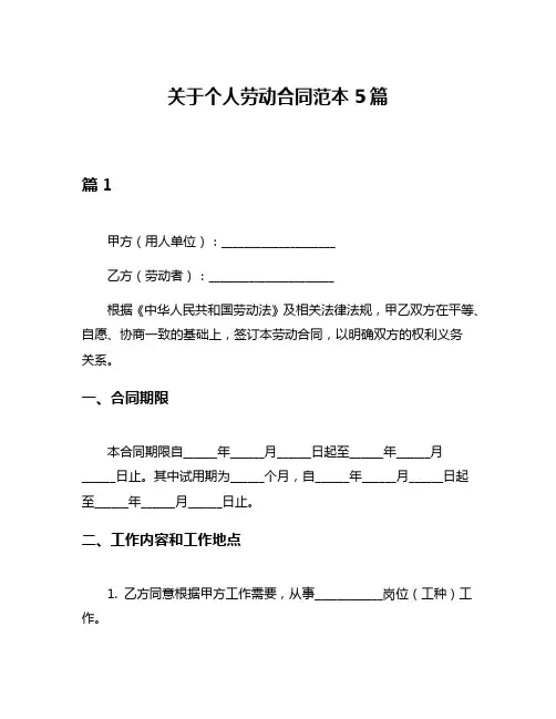 关于个人劳动合同范本5篇