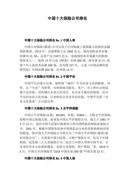 中国十大保险公司排名