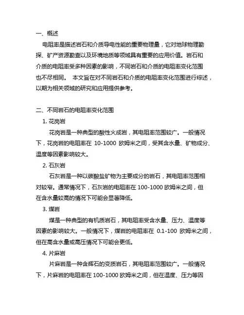 不同岩石和介质电阻率的变化范围