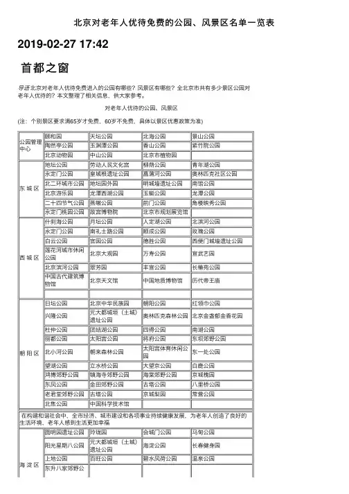 北京对老年人优待免费的公园、风景区名单一览表