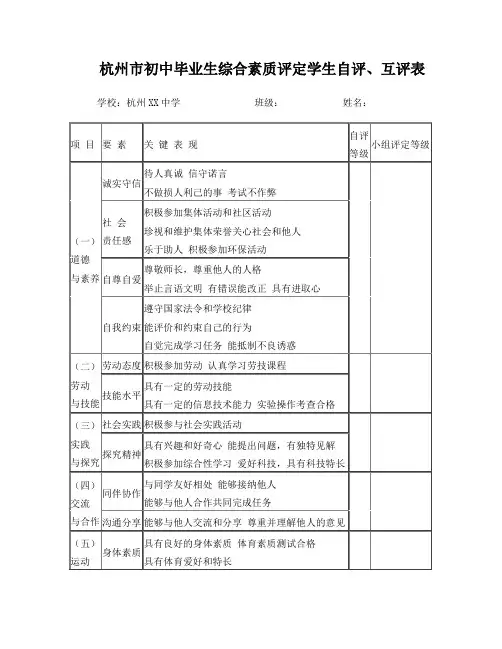 杭州市初中毕业生综合素质评定学生自评、互评表