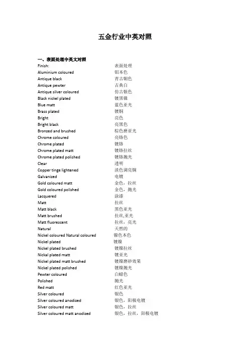 五金行业中英文对照