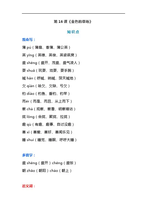 统编版三年级语文上册第16课《金色的草地》预习和知识点总结