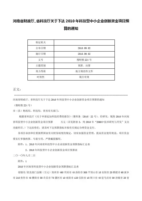 河南省财政厅、省科技厅关于下达2010年科技型中小企业创新资金项目预算的通知-豫财教224号