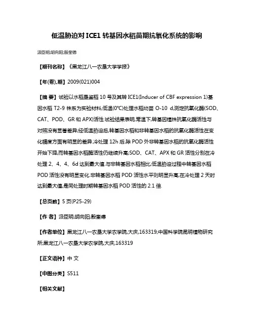低温胁迫对ICE1转基因水稻苗期抗氧化系统的影响