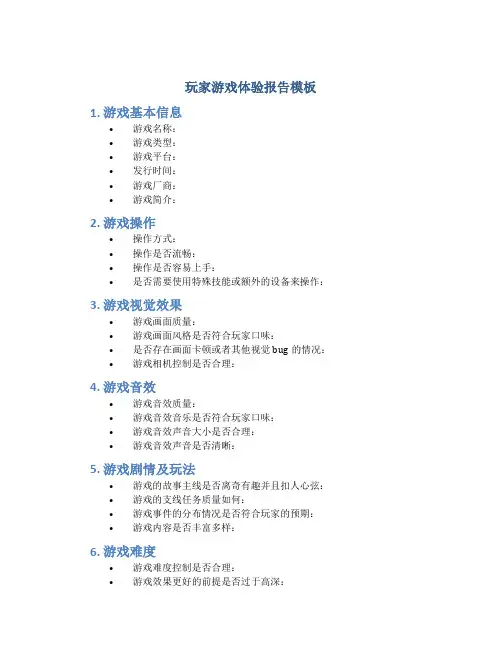 玩家游戏体验报告模板