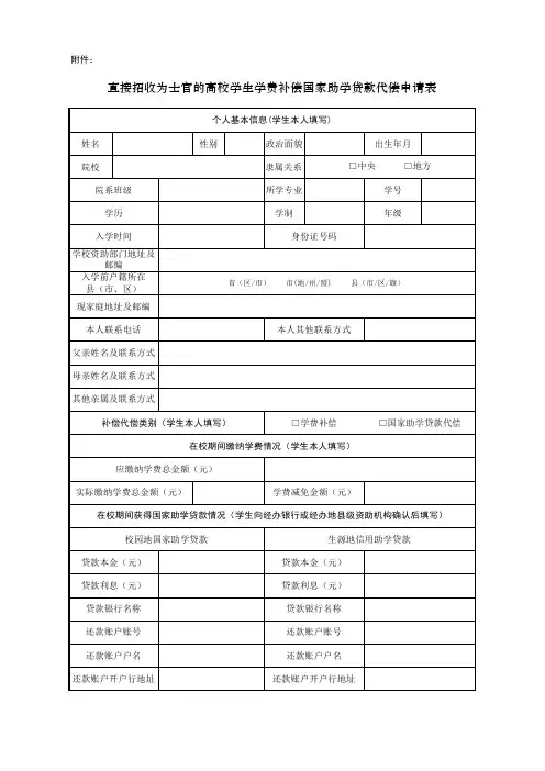 直接招收为士官的高校学生学费补偿国家助学贷款代偿申请表