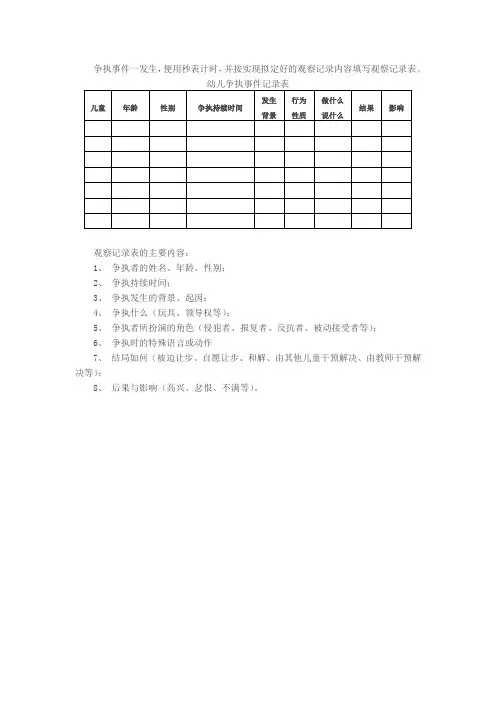 幼儿园  观察表：幼儿争执事件记录表