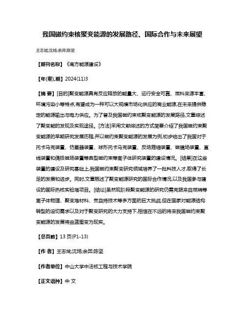 我国磁约束核聚变能源的发展路径、国际合作与未来展望